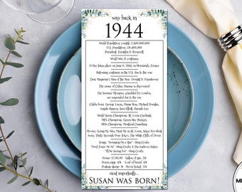1944 - marque-places de table d'anniversaire, cadeau joyeux 80e anniversaire pour elle, décorations de fête 80e anniversaire, marque-places d'anniversaire, 80e anniversaire