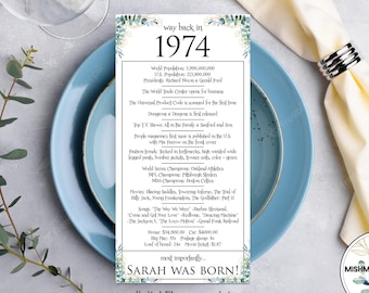 1974 - Birthday Table Place Cards, Happy 50th Birthday Gift for Her, 50th Birthday Party Decorations,  Place Cards Birthday, 50th Birthday