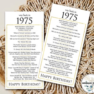 1975 - 50th Birthday Table Cards, 50th Birthday Favors, 50th Birthday Placecards, 50th Birthday Decor Gold White 50th Birthday Cards INSTANT