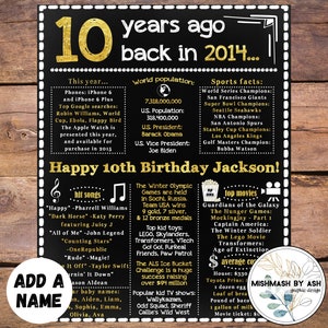 10th Birthday Sign, 10th Birthday Poster, 2013 Birthday Sign, Back in 2014, Happy 10th Birthday, 10 Years Ago, 10th Birthday Party Decor