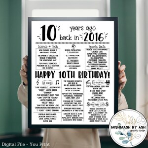 2016 - 10th Birthday Print, 10th Birthday Gift Boy, 2016 Birthday Sign, Back in 2016, 10th Birthday Decor, Happy 10th Birthday Girl image 2