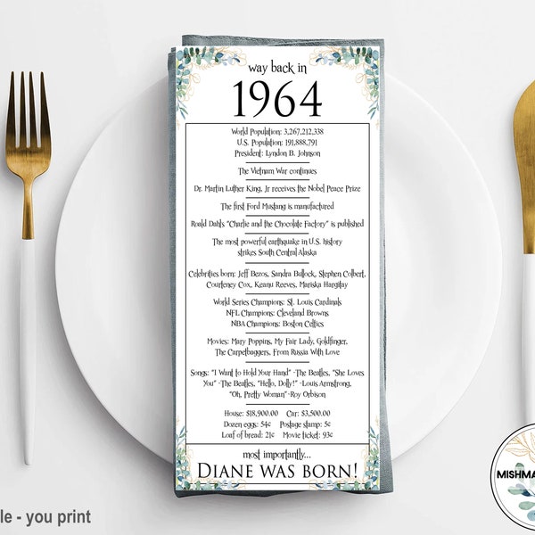 1964 - Birthday Table Place Cards, Happy 60th Birthday Gift for Her, 60th Birthday Party Decorations,  Place Cards Birthday, 60th Birthday