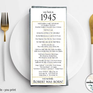 1945 - 80th Birthday Table Place Cards, Happy 80th Birthday Gift for Him Her, 80th Birthday Party Decor White Gold, White Gold Party Decor