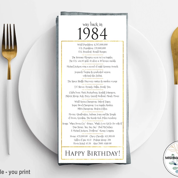 1984 - Birthday Table Place Cards, Happy 40th Birthday Gift for Her, 40th Birthday Party Decorations White and Gold, Black Gold, 40th Him