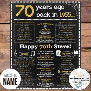 70th Birthday Gift Ideas, 1955 Birthday Sign, Back in 1955, Happy 70th Birthday,  70th Birthday Him, 70th Birthday Her, 70th Birthday Party