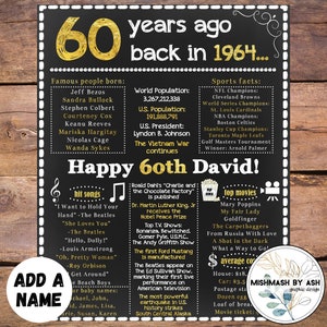 60th Birthday Gift Idea, 1964 Birthday Sign, Back in 1964, Happy 60th Birthday,  60th Birthday Him, 60th Birthday Her, 60th Birthday Party