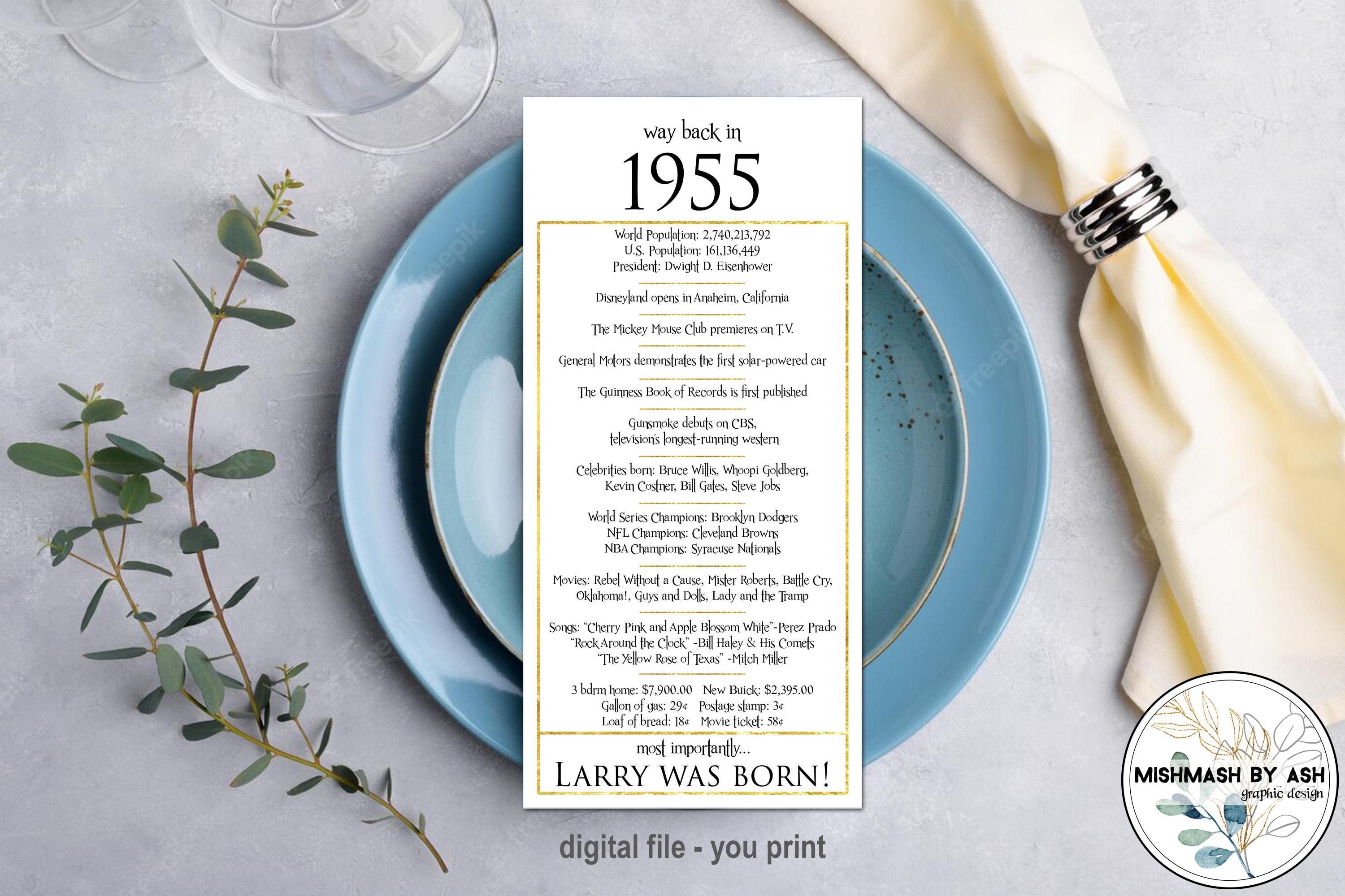 1955 - 70th Birthday Party Decorations,  Birthday Place Cards, 70th Birthday, Birthday Table Place Cards, Happy 70th Birthday Gift Her Him