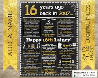 16th Birthday Sign, Personalized 16th Birthday Poster, Sweet 16th Birthday Decorations, Happy 16th Birthday, 16th Birthday 2007 Sign