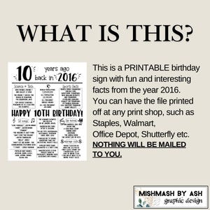 2016 - 10th Birthday Print, 10th Birthday Gift Boy, 2016 Birthday Sign, Back in 2016, 10th Birthday Decor, Happy 10th Birthday Girl image 3