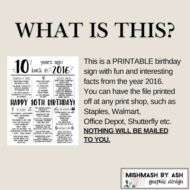 2016 - 10th Birthday Print, 10th Birthday Gift Boy, 2016 Birthday Sign, Back in 2016, 10th Birthday Decor, Happy 10th Birthday Girl image 3