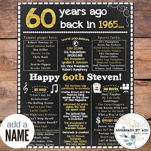 60th Birthday Gift Idea, 1965 Birthday Sign, Back in 1965, Happy 60th Birthday,  60th Birthday Him, 60th Birthday Her, 60th Birthday Party