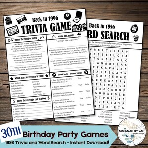 1996 - 30th Birthday Party Games, Birthday Party Games for Adults, 30th Birthday For Him, 30th Birthday for Her, 30th Birthday Decorations image 1