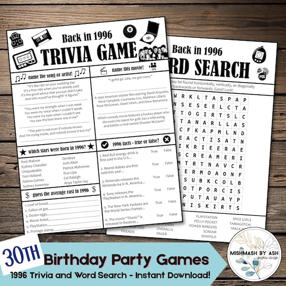 1996 - 30th Birthday Party Games, Birthday Party Games for Adults, 30th Birthday For Him, 30th Birthday for Her, 30th Birthday Decorations