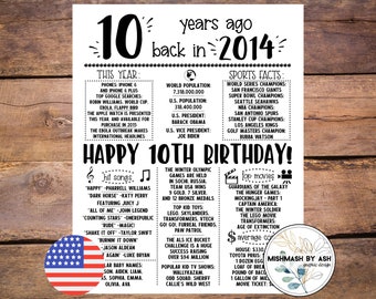 2014 - 10th Birthday Boy, 10th Birthday Gift For Him, 2014 Birthday Sign, Back in 2014, 10th Birthday Decor, Happy 10th Birthday Girl