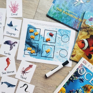 May include: A worksheet with a blue and white background featuring a maths problem with pictures of goldfish crackers. The problem is 3 + 2 = 5. The worksheet is surrounded by flashcards with pictures of sea creatures, including a jellyfish, shark, stingray, turtle, seahorse, squid, dolphin, and narwhal.