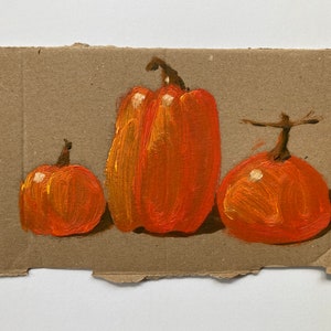Pequeña pintura sobre cartón, “Calabazas”, pintura original al óleo, decoración de pared