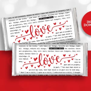 May include: Two white rectangular cards with the word "love" in red script, adorned with small red hearts. The cards feature text from a biblical passage. A red circle with "INSTANT DOWNLOAD" is in the upper right.