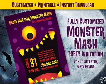 Monster Mash Custom Kids Party Invitation 5” x 7” for Birthday or Halloween Party DIY Printable INSTANT DOWNLOAD