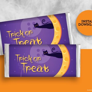May include: Two printable Halloween treat bag wrappers with a purple background, a yellow crescent moon, and a black cat silhouette. The text "Trick or Treat" is written in yellow on each wrapper.