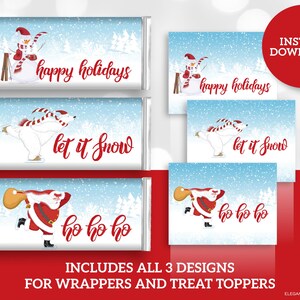 Könnte beinhalten: Druckbare Weihnachts-Leckerli-Topper mit drei Designs: ein Schneemann mit dem Text "Frohe Weihnachten", ein Eisbär mit dem Text "Lass es schneien" und der Weihnachtsmann mit dem Text "Ho ho ho".