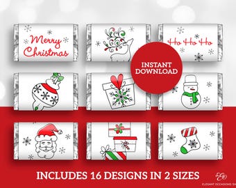 May include: Printable Christmas candy bar wrappers with 16 designs in two sizes. The designs include a reindeer, snowman, Santa, ornaments, gifts, and stockings. The wrappers are white with black outlines and red and green accents.