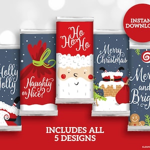 May include: Five printable designs for Christmas chocolate bar wrappers. The designs feature Santa Claus, a Christmas stocking, a Christmas tree, a chimney, and a candy cane.