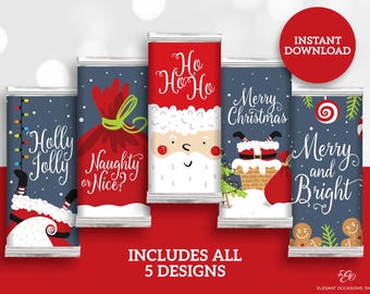 May include: Five printable designs for Christmas chocolate bar wrappers. The designs feature Santa Claus, a Christmas stocking, a Christmas tree, a chimney, and a candy cane.