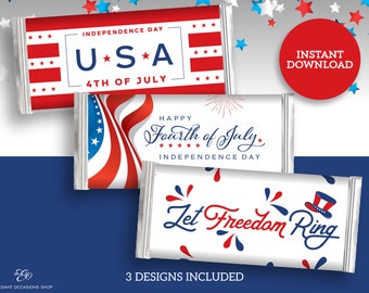 Patriotic 4th of July Candy Bar Wrapper Bundle for Independence Day Party DIY Printable INSTANT DOWNLOAD