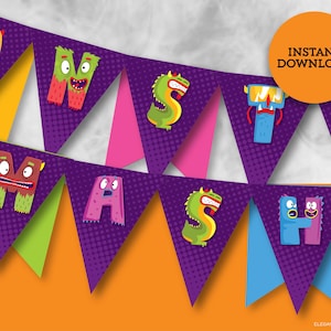 May include: Purple and green monster themed banner with the word "Monster Mash" in colorful letters. Each letter is a different monster with a unique design.