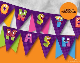 Puede incluir: Pancarta de temática de monstruos de color morado y verde con la palabra "Monster Mash" en letras de colores. Cada letra es un monstruo diferente con un diseño único.