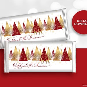 May include: Printable Christmas chocolate bar wrapper design featuring a white background with gold and red stylized trees and the text "Celebrate the Season".