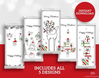 May include: Five printable designs for Christmas chocolate bar wrappers. The designs feature a reindeer, a Christmas tree, ornaments, and gift boxes. The text on the wrappers says "Merry Christmas" and "Happy Holidays".