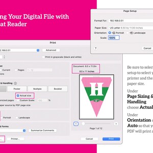 以下が含まれることがあります： Adobe Acrobat Reader でドキュメントの印刷設定を示すコンピューター画面のスクリーンショットです。ドキュメントは、ピンクとグリーンの横断幕で、