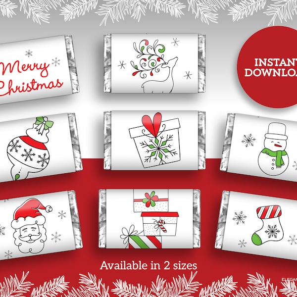 Christmas Doodles Miniature Candy Bar Wrappers for Christmas Holiday Party DIY Printable INSTANT DOWNLOAD