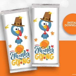 May include: Two printable Thanksgiving chocolate bar wrappers featuring a cartoon turkey wearing a pilgrim hat and holding a pumpkin. The wrappers say "Happy Thanksgiving" in a festive font.
