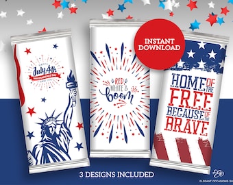 Patriotic 4th of July Candy Bar Wrapper Bundle for Independence Day Party DIY Printable INSTANT DOWNLOAD