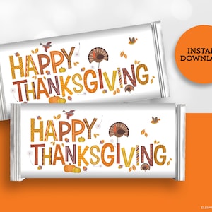 Puede incluir: Diseño de envoltorio de barra de chocolate de Acción de Gracias imprimible con el texto "Feliz Día de Acción de Gracias" con un pavo, hojas y calabazas.