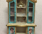 Dolls house OOAK hand painted shabby french look display cabinet in ivory, turquiose and gold with old vintage antique looking finish. 1 12