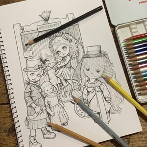 May include: A black and white line drawing in a spiral notebook depicting three figures in Victorian-style clothing near a cart labeled UNDERTAKER. A black, yellow, and grey colored pencil rest on the paper next to a metal tin of colored pencils.
