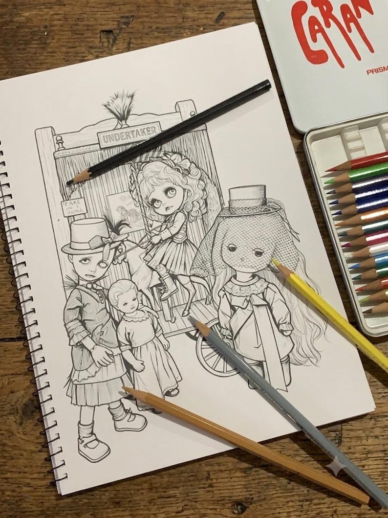 May include: A black and white line drawing in a spiral notebook depicting three figures in Victorian-style clothing near a cart labeled UNDERTAKER. A black, yellow, and grey colored pencil rest on the paper next to a metal tin of colored pencils.