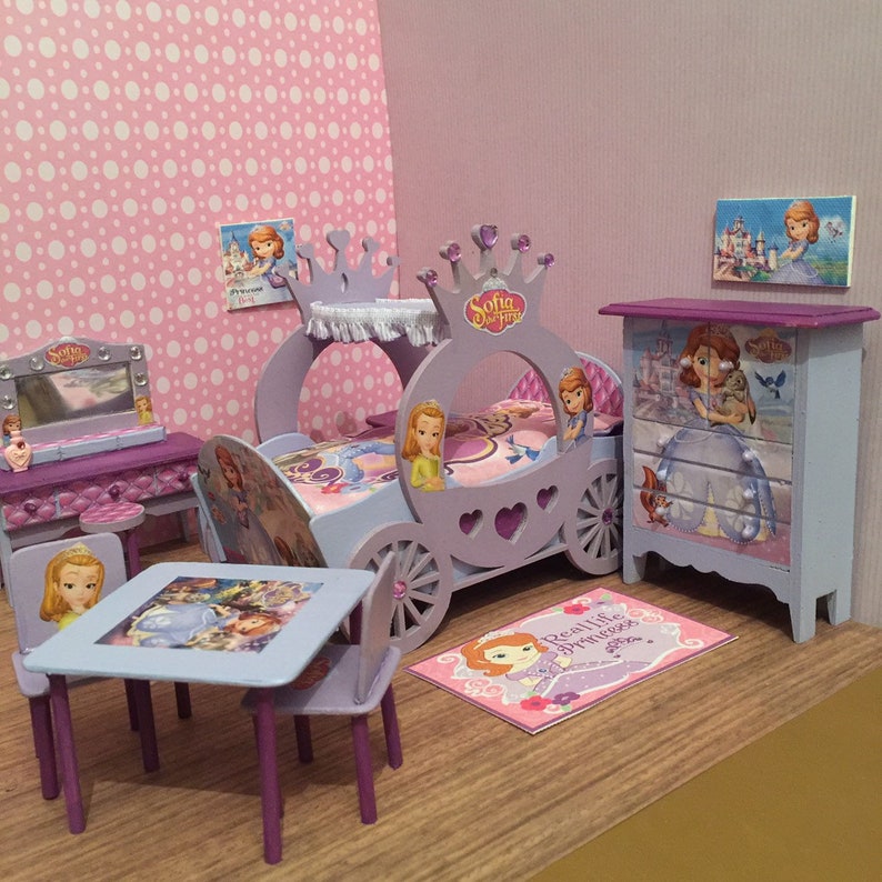 Dolls House Princess Sofia The 1st Inspired Hand Painted Decoupaged Bedroom Set Handmade Carraige Bed Furniture Accessories 1 12