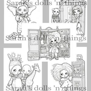 May include: A collection of five black and white line art illustrations featuring dolls in circus-themed costumes and settings, including a clown, a giraffe, and a ticket booth, with the text Sarah's dolls 'n things overlaid on the images.