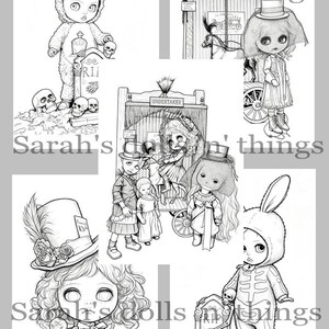 May include: A collection of black and white line art illustrations featuring dolls in various costumes, including a bear suit, a skeleton suit, and Victorian-style clothing, with motifs like tombstones, skulls, and an undertaker carriage.