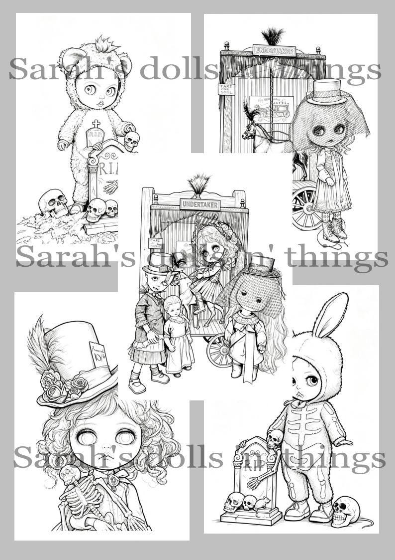 May include: A collection of black and white line art illustrations featuring dolls in various costumes, including a bear suit, a skeleton suit, and Victorian-style clothing, with motifs like tombstones, skulls, and an undertaker carriage.