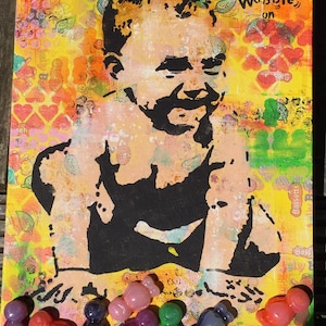 Get your wobble on!, mixed media, original, acrylics on canvas, faux sweets jelly babies, stencil & decoupage 40x40cm square.