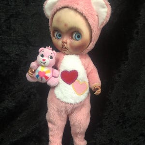 Handmade 2 piece fluffy &#39;care bear&#39; inspired outfit, bear hat and all in one body suit with love hearts for 12” blythe dolls