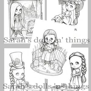 May include: A collection of five black and white line art illustrations featuring dolls in various settings, including a cemetery, a carousel, and with coffins. Each drawing includes the text Sarah's dolls 'n things overlaid on the images.