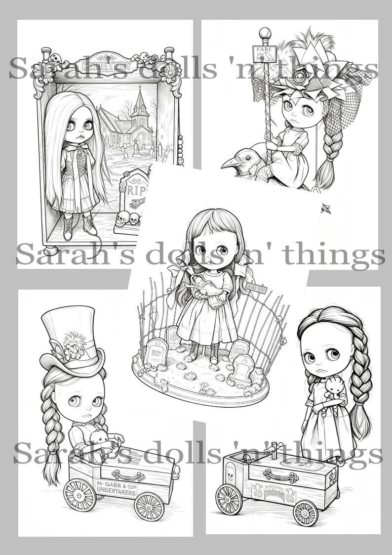 May include: A collection of five black and white line art illustrations featuring dolls in various settings, including a cemetery, a carousel, and with coffins. Each drawing includes the text Sarah's dolls 'n things overlaid on the images.