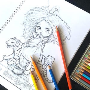 May include: A coloring book page featuring a line art illustration of a doll with voluminous hair and a party hat sitting on a tiger. The text "Circus Tiger" and "10&cent;" are visible. Four colored pencils in yellow, orange, blue, and red are placed on top.