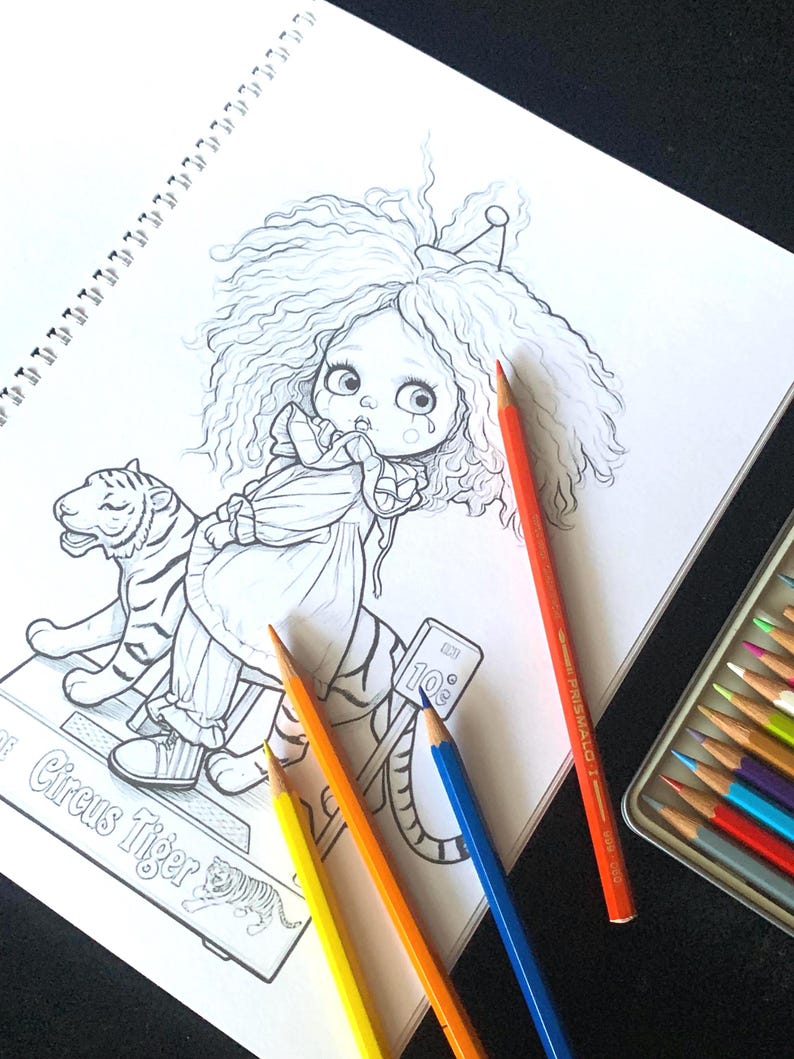 May include: A coloring book page featuring a line art illustration of a doll with voluminous hair and a party hat sitting on a tiger. The text "Circus Tiger" and "10&cent;" are visible. Four colored pencils in yellow, orange, blue, and red are placed on top.